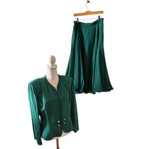 Rimini Saks Fifth Avenue Jacket & Midi Twirl Skirt Set Emerald Green Silk 10